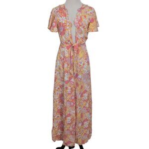 Hello Molly Floral Jumpsuit Womens Size 2 Pink Wide Leg Flutter Sleeve Boho